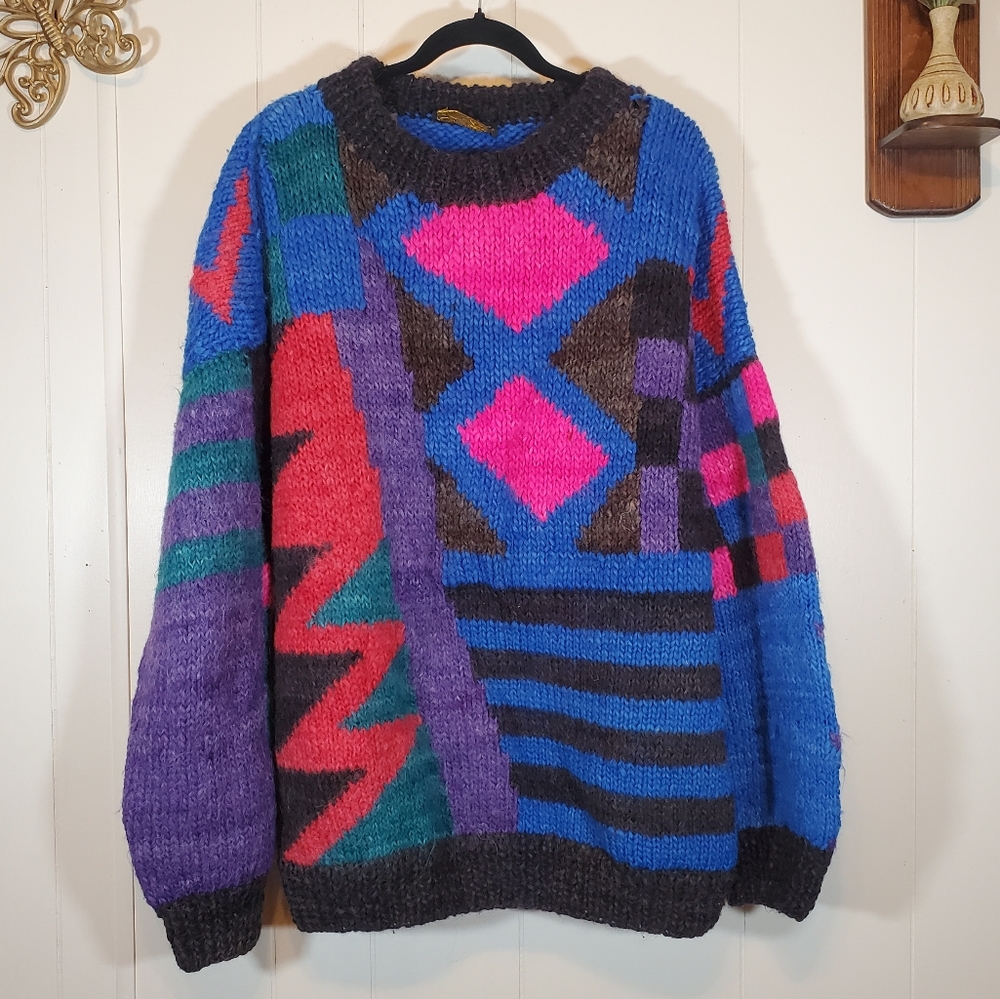 Vintage Wool Oversized Chunky Knit Art to Wear Colorful 80's Sweater